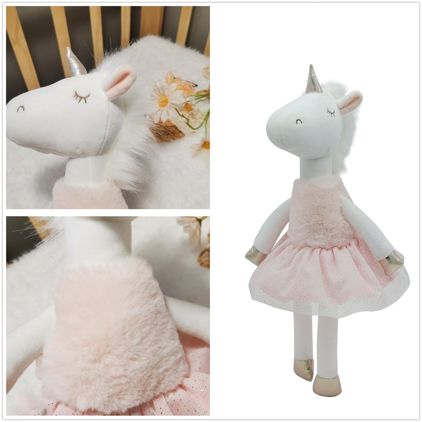 Mikee Fluffie Unicorn Toys For Girls, 16.5'' Tall,Safe Material Soft Unicorn Stuffed Animal Ballerina Dolls With Skirt, Cute Bir