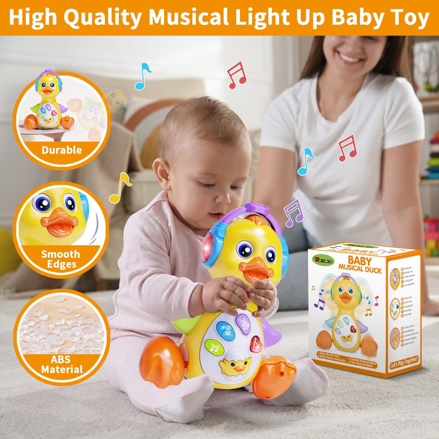 Wanonoo Dancing Duck Baby Toy for 6-12 Months, Musical Crawling Tummy Time Activity, Light Up Learning Gift for Boys and Girls