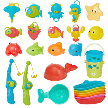 Toddler Bath Toys for Babies  26 Pcs Mold Free Bathtub Toys with Fishing Rod Floating Boats Spoons Bucket No Hole Sea Animals and Storage Bag  Water Table Pool Toys for Toddlers and Kids