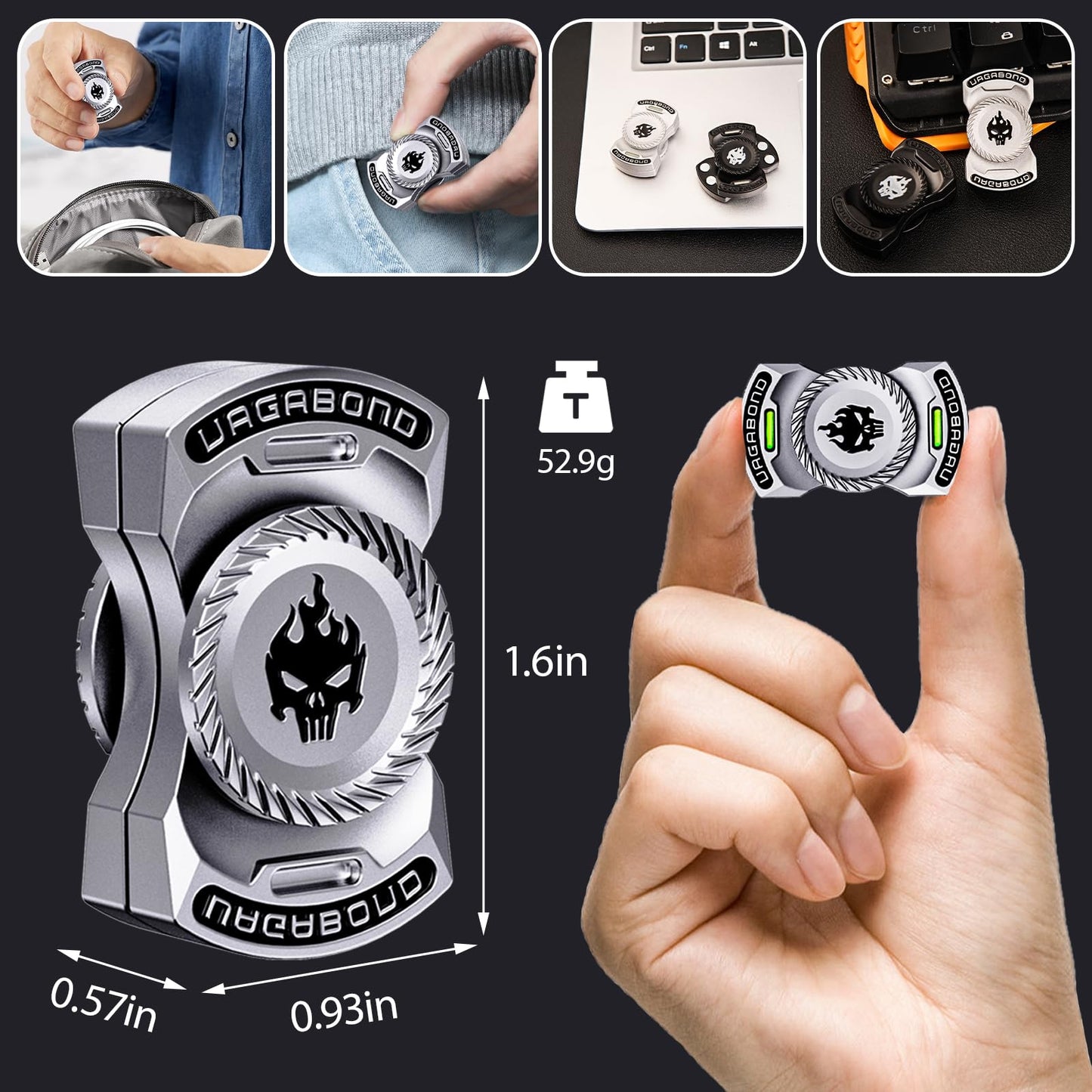 Upgraded 3-in-1 Fidget Spinner Toy: Longer Silent Spin Time & Glow. Magnetic Spinner  Clicker  Slider for Stress Relief & Focus. enhanced Desk Toy for Office mature-themeds  Cool Gadget Gift for Teens (Silver)