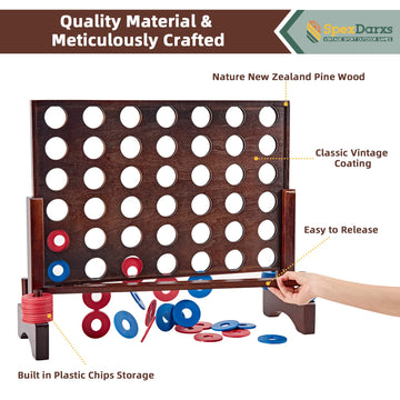 Spexdarxs Giant 4 In A Row Game, Wooden Jumbo 4-To-Score Set For Indoor & Outdoor Family Fun-Line Up Four Travel Board Games With 42 Coins & Ring Holders & Carrying Bag