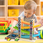 Wood City Toddler Toys for 3 4 5 Years Old, Wooden Car Ramp Racer Toy Vehicle Set with 4 Mini Cars & Race Tracks, Montessori Toy
