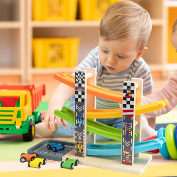 Wood City Toddler Toys for 3 4 5 Years Old, Wooden Car Ramp Racer Toy Vehicle Set with 4 Mini Cars & Race Tracks, Montessori Toy