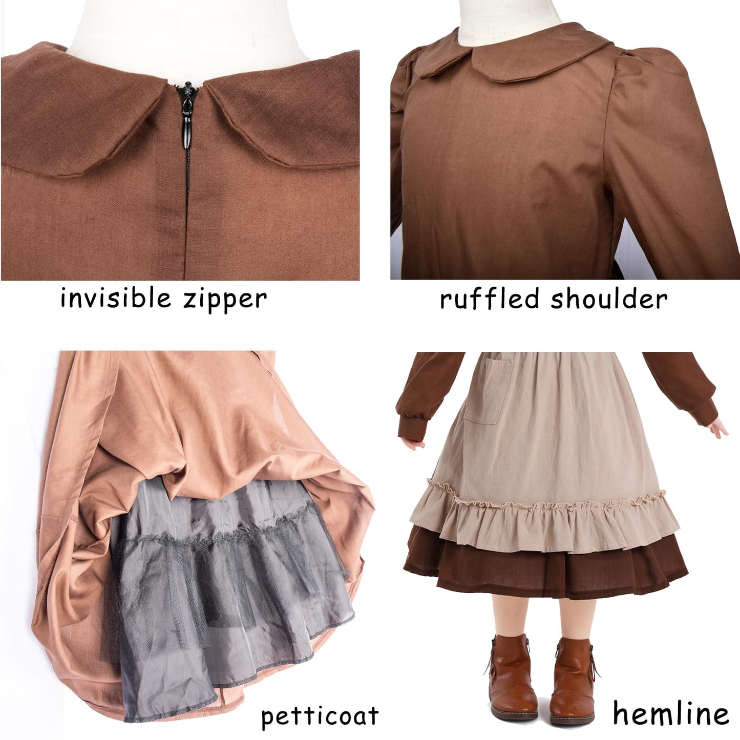 Aimeiar Pioneer Girl Costume Colonial Prairie Dress With Scarf, Dress, Apron Coffee