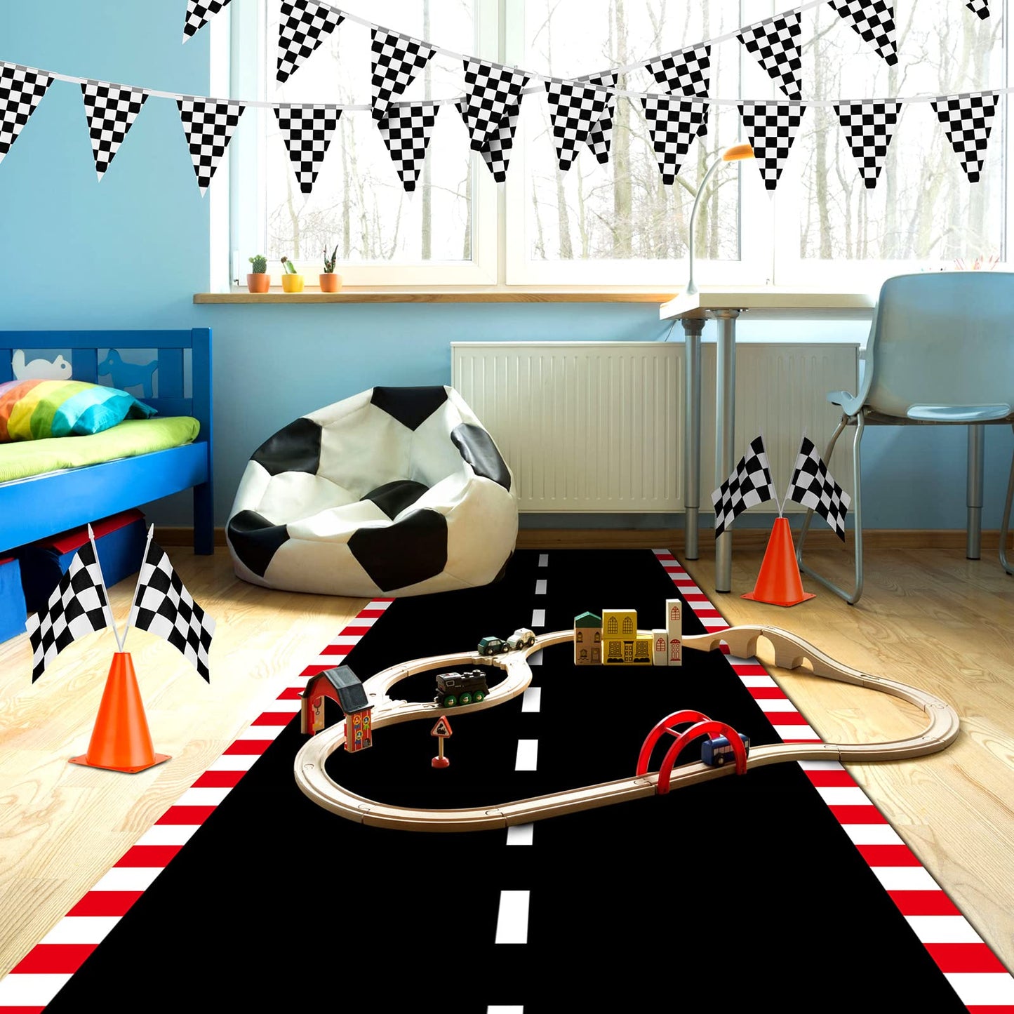 Racetrack Floor Running Black Racer Party Decoration Mat Road Table Runner Long Racetrack Tablecloth Drag For Party (Stripe Styl