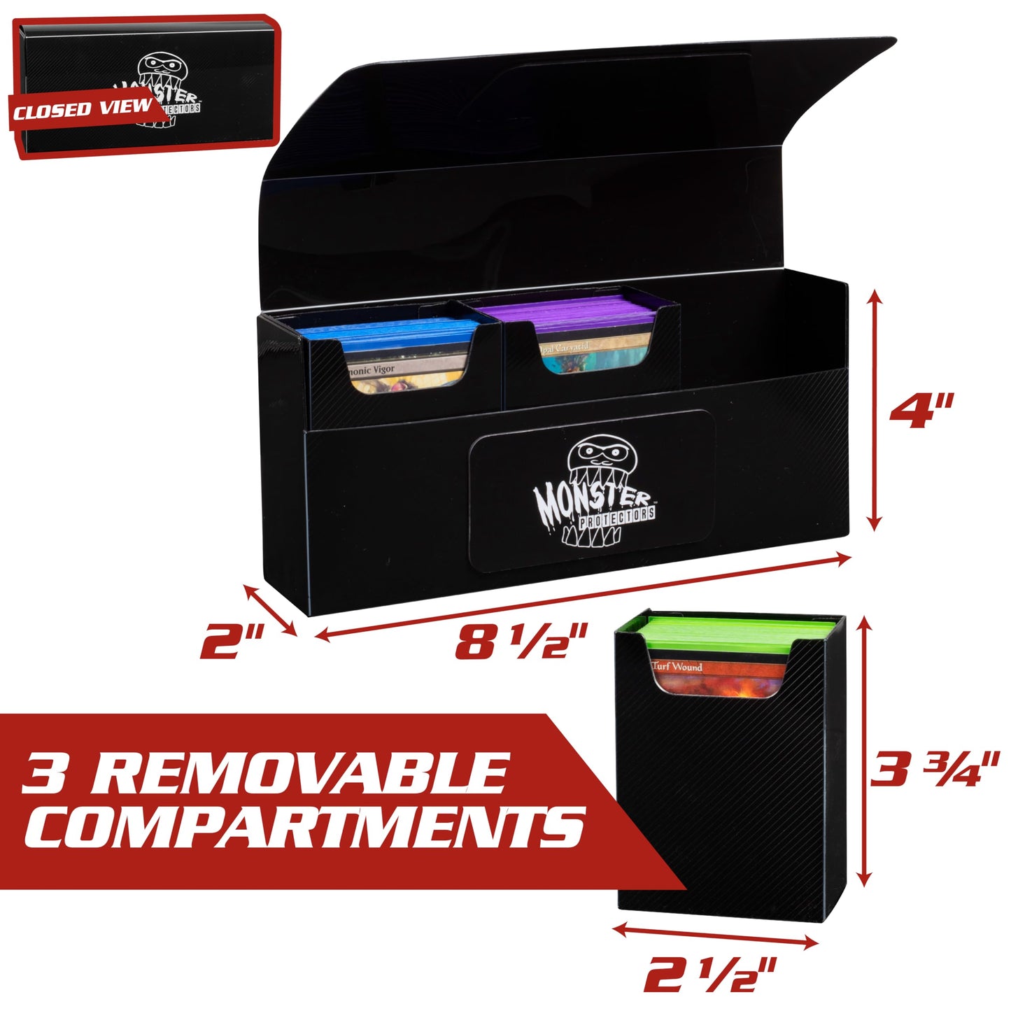 Monster Protectors Magnetic Triple Deck Box - White, Holds 225 Gaming TCGs, Self-locking Closure, Compatible w Standard & Smalle