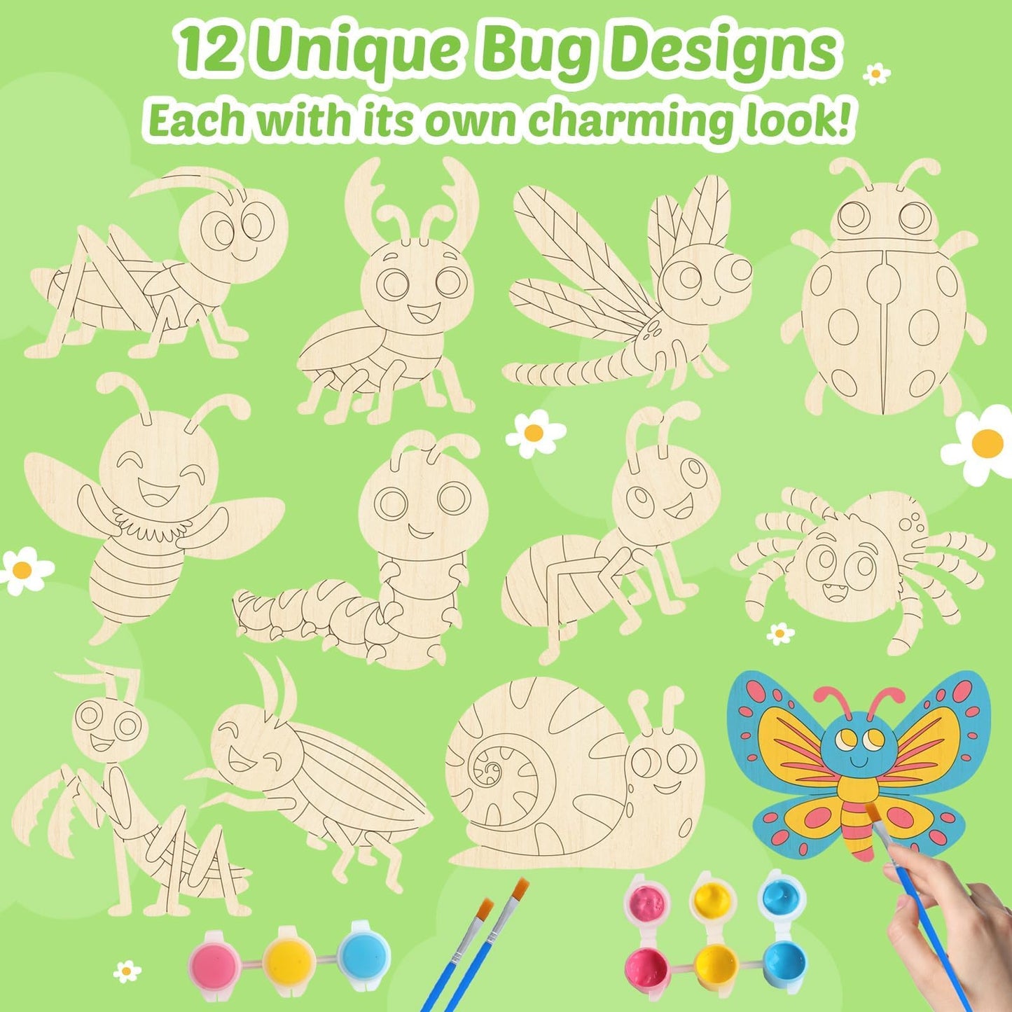 12 Pack Bug Party Favors for Kids - Individually Wrapped Paint Your Own Wooden Magnet Craft Kits with Thank You Card, Insect Bir