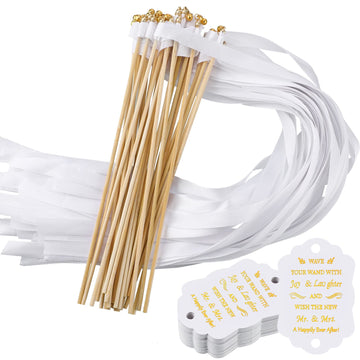Junkin 100 Pcs Wedding Wands Streamers with Bells Set, 50 White Wedding Send Off Ribbon Streamers Sticks and 50 Favor Tags for B