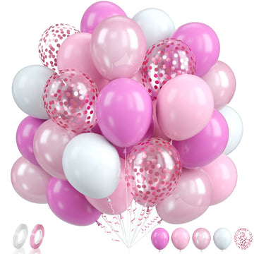 Pink White Balloons Set, 60Pcs Pink Confetti Birthday Balloons, 12Inch Pink And White Latex Balloons Macaron Pearl Pink Helium B