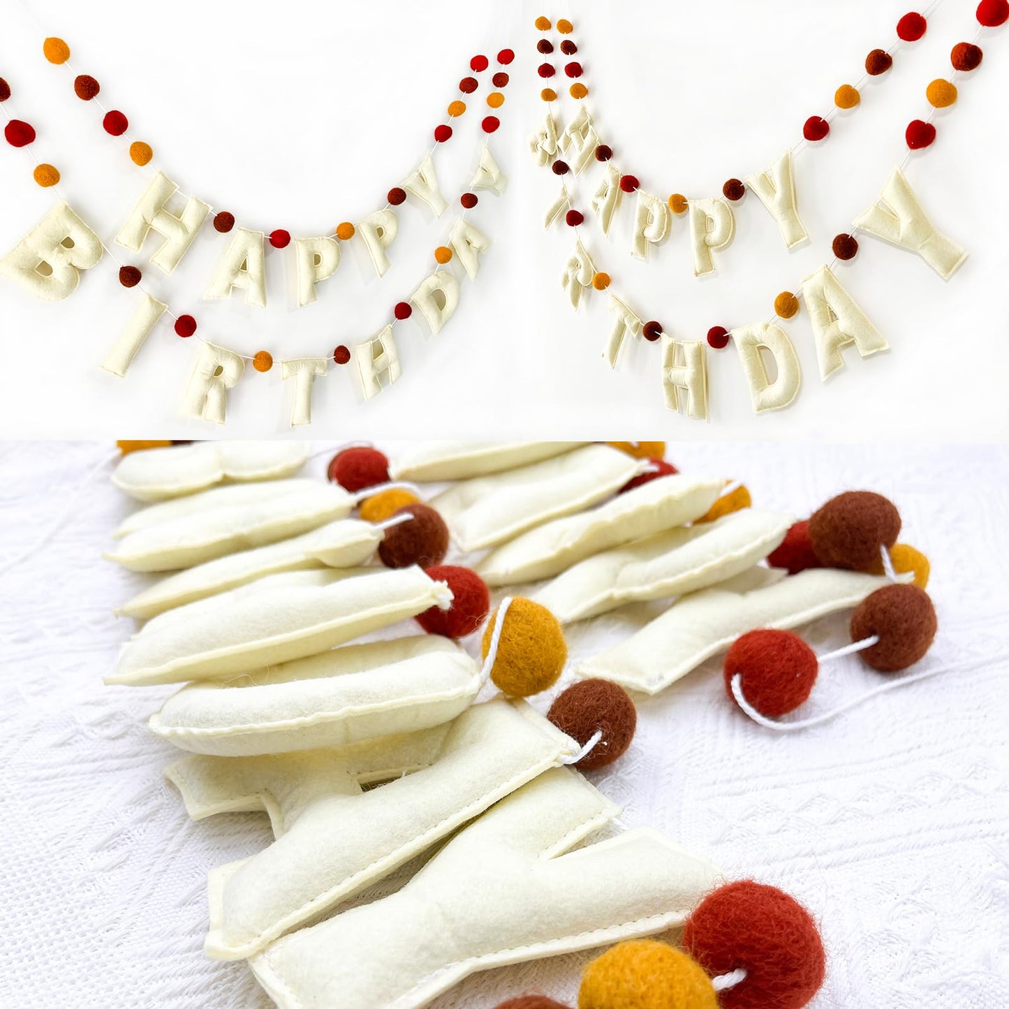 Boho Felt Happy Birthday Banner, Bohemian Birthday Party Decorations,Natural Handmade Wool Letters, Balls, Boho Happy Birthday G