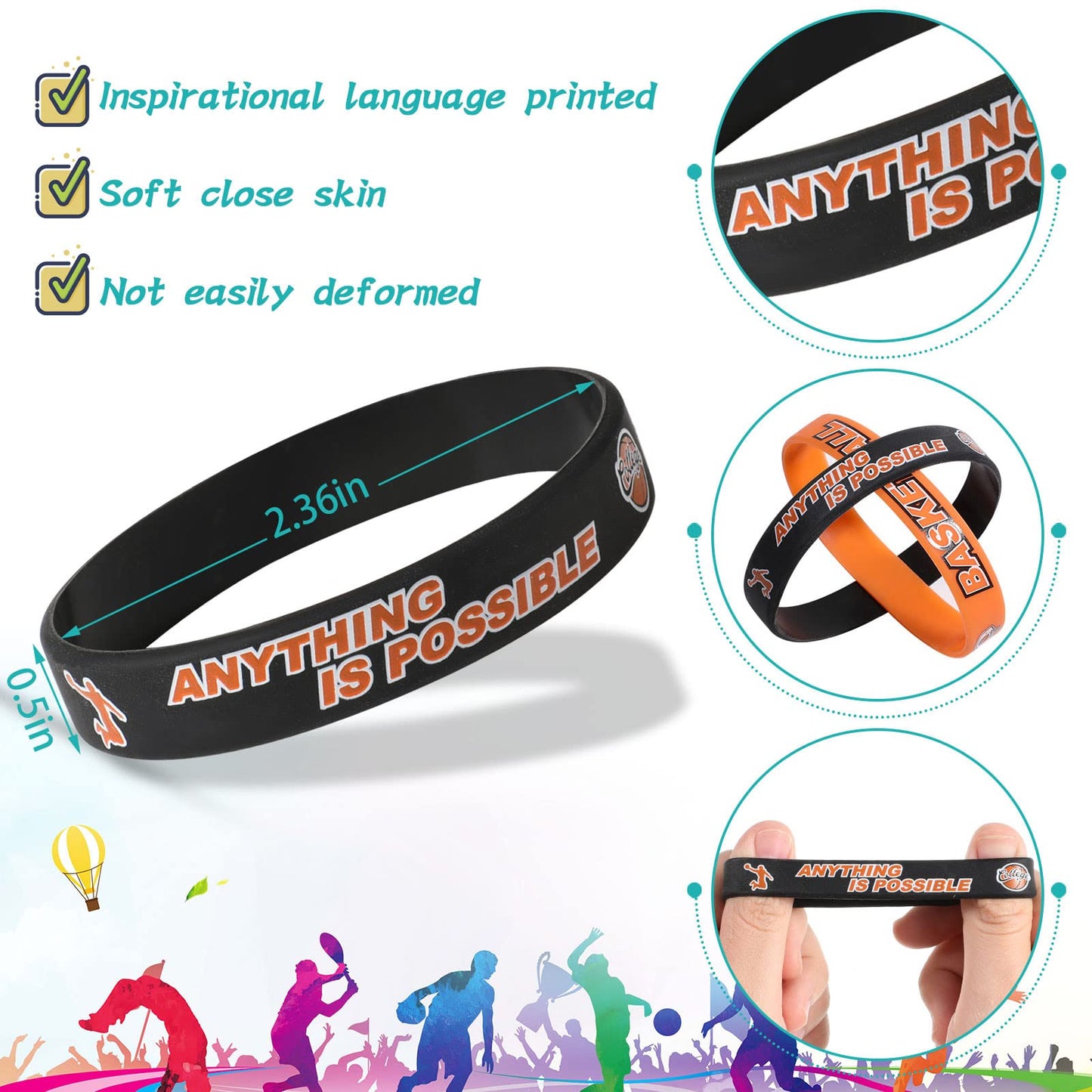 Aoriher 100 Pieces Basketball Bracelet Bulk Basketball Party Favor Motivational Silicone Wristband Inspirational Rubber Bracelet