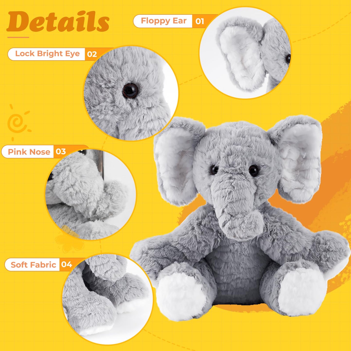 Mikee Fluffie Elephant Stuffed Animal - 12" Soft Plush Toy, Grey, Perfect Huggable Gift for Boys and Girls
