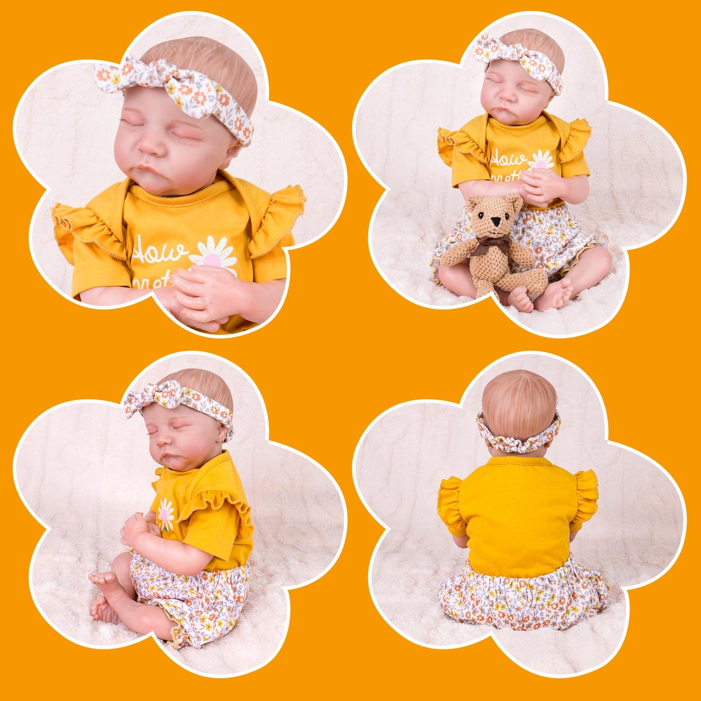 Aori Reborn Baby Dolls Clothes 20 Inch Outfit 3 Pcs Yellow Flower Set For 17-20 Inch Reborn Doll Newborn Girl