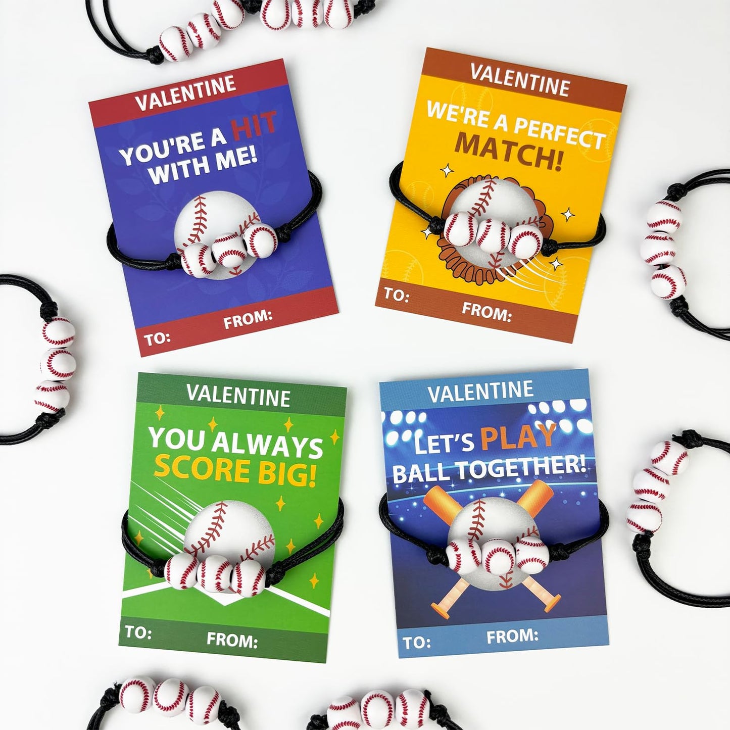 Baseball Valentines Day Classroom Exchange Gifts for Kids,30 Pack Sports Bracelets with Cards for Boy Girl,Valentine Non Candy T