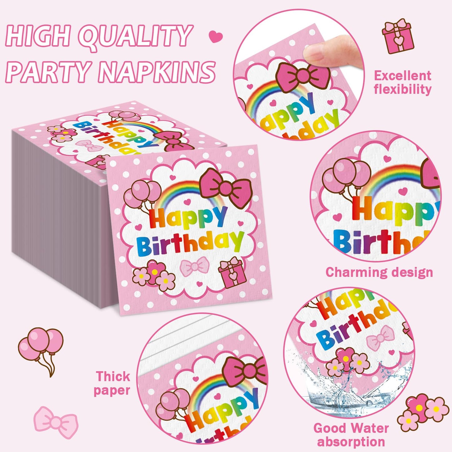 96Pcs Pink Cat Birthday Party Supplies Cartoon Cute Cat Paper Plates and Napkins Pink Bow Rainbow Disposable Tableware Set for B