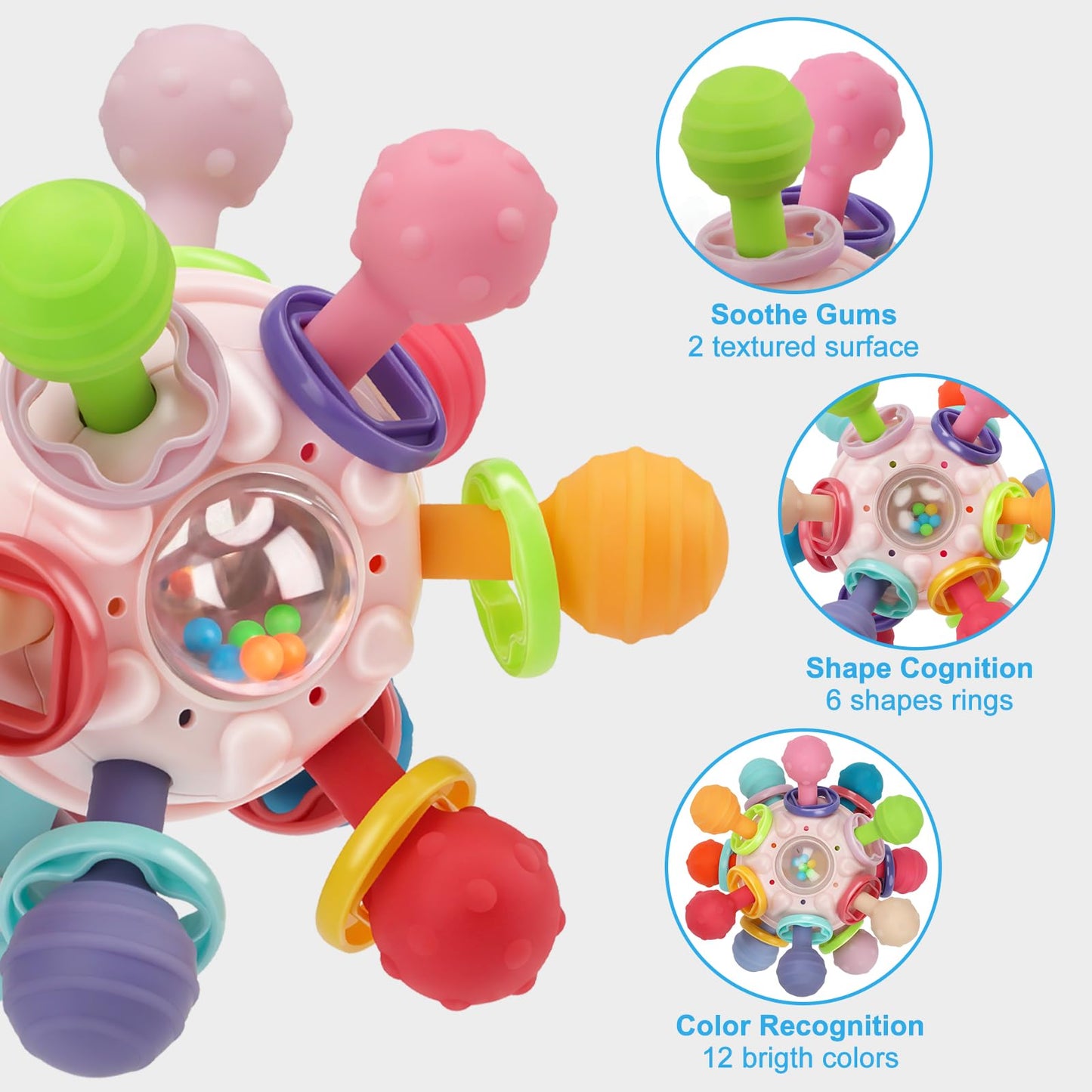 CAHILON Baby Teething Toys - Montessori Sensory Silicone Teethers for 0-18 Months - Pink