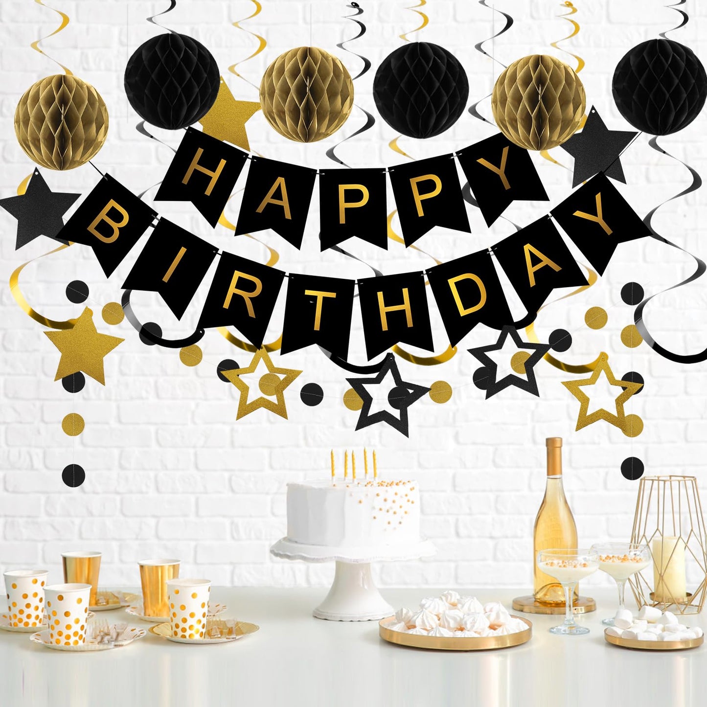 meowtastic Birthday Decorations, Happy Birthday Banner with Honeycomb Balls, Star Hanging Swirl Streamers, Circle Dot Garland, H