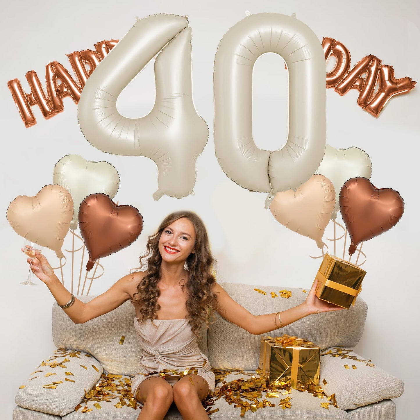 Biapian 40 Inch Cream Number 40 Balloons, 8Pcs Giant Foil Number 4 & 0 Balloons With 18'' Cream White Heart Balloon For 40Th Yea