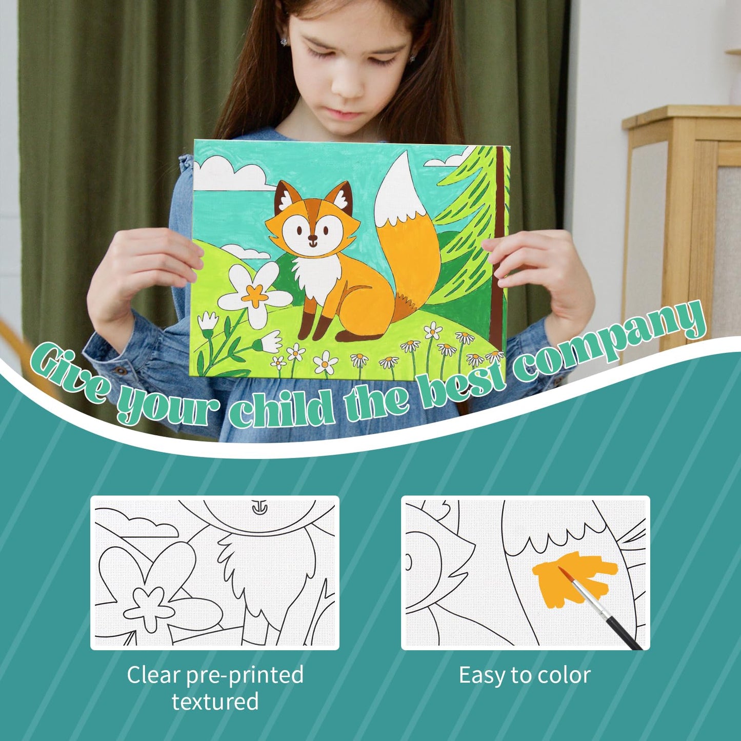 8 Packs Predrawn Canvas for Painting Kids Paint Canvas for Kids, 48 Paints, 8 Brushes 2 Easels, 8 6x8 Printed Canvas for Girls B