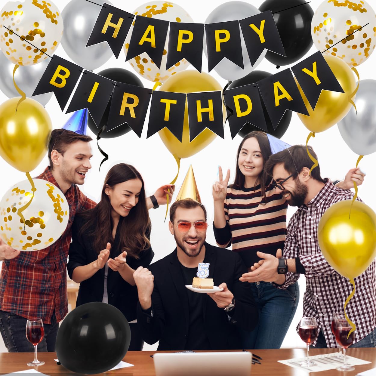 Happy Birthday Banner, Black Gold Birthday Decoration, 16 Pcs 12In Happy Birthday Balloons With 2 Ribbons For Men Women Girls An