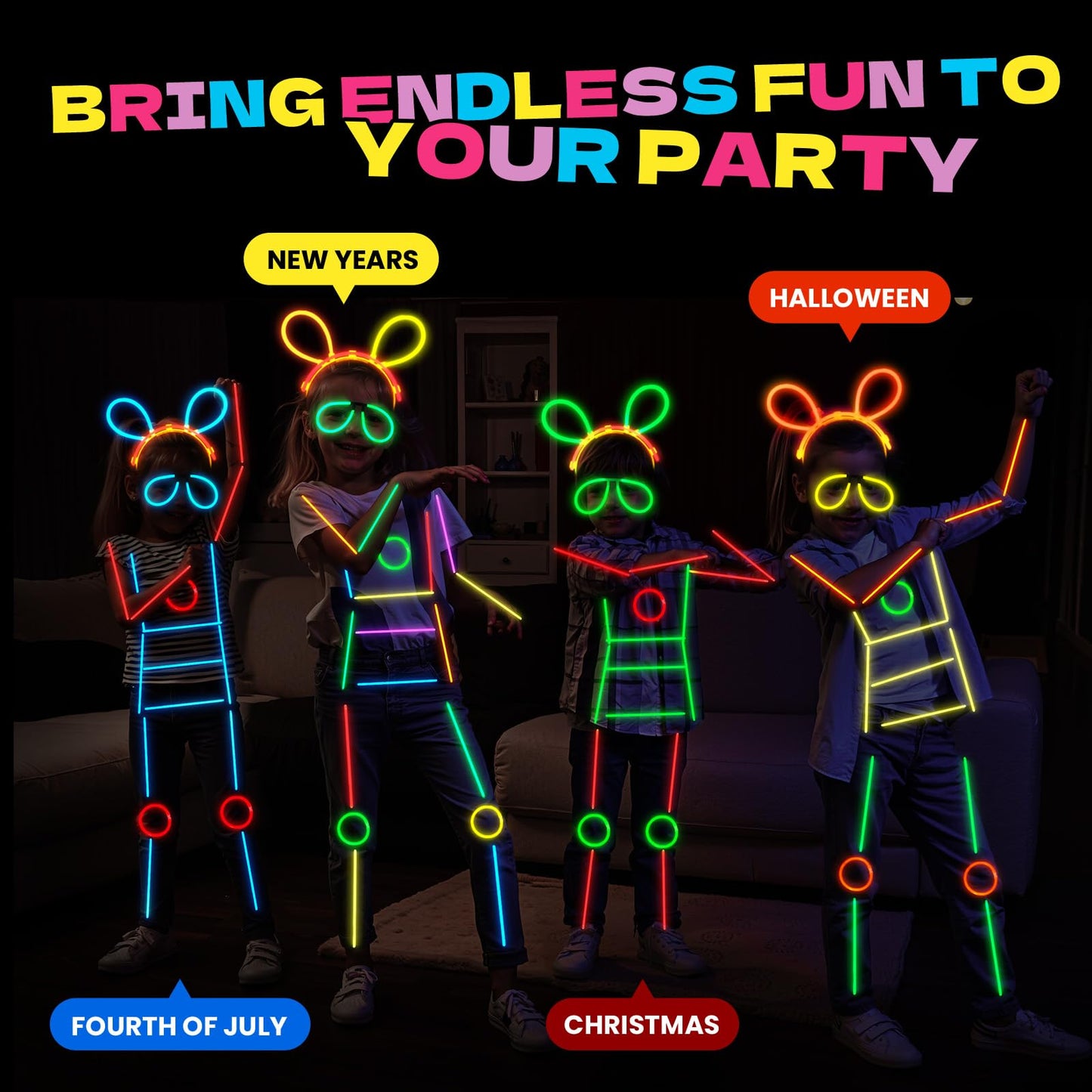 Lewtemi 8 Set Halloween Glow Stick Figure Costume, 920 Pcs Light up Stick Figure Costume, Glow in the Dark Outfits, Eyeglasses,