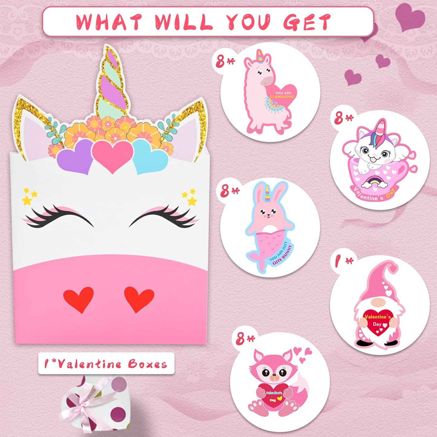 Myersmas Valentine Boxes 33 Pieces Unicorn Valentines Day Cards and Valentine Mailbox for Classroom Exchange Party Supplies (1 U