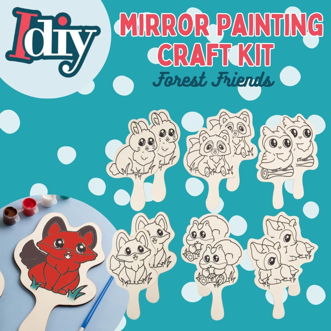 Paint Your Own Mirror Kids Party Craft Kits (12 Forest Friends Wood Mirrors) - Each Kit Has its Own Brush & Paint - Fun, Unique