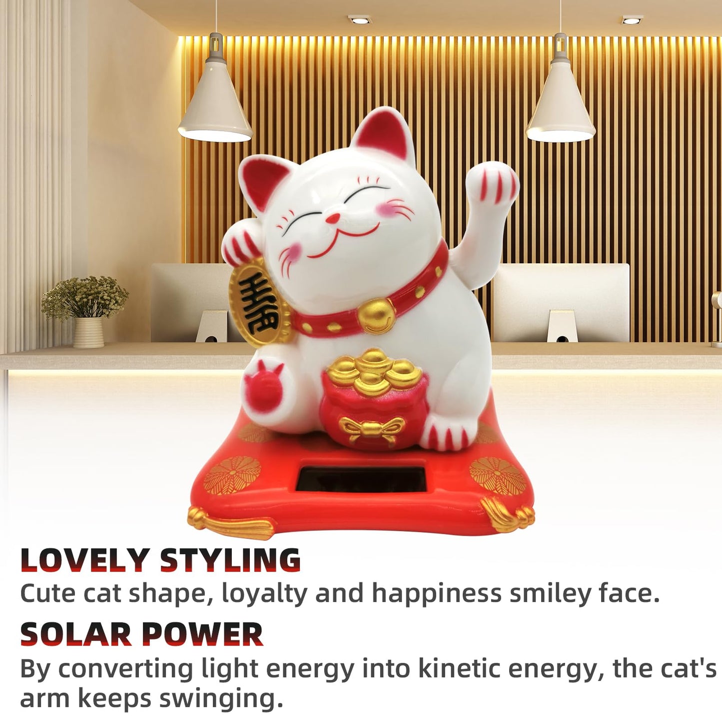 KOXXUD Lucky Cat Waving Arm Set, Vivid and Lovely Chinese Cat, Solar Fortune Cat Statue Decorations for Decorating Front Desk, C