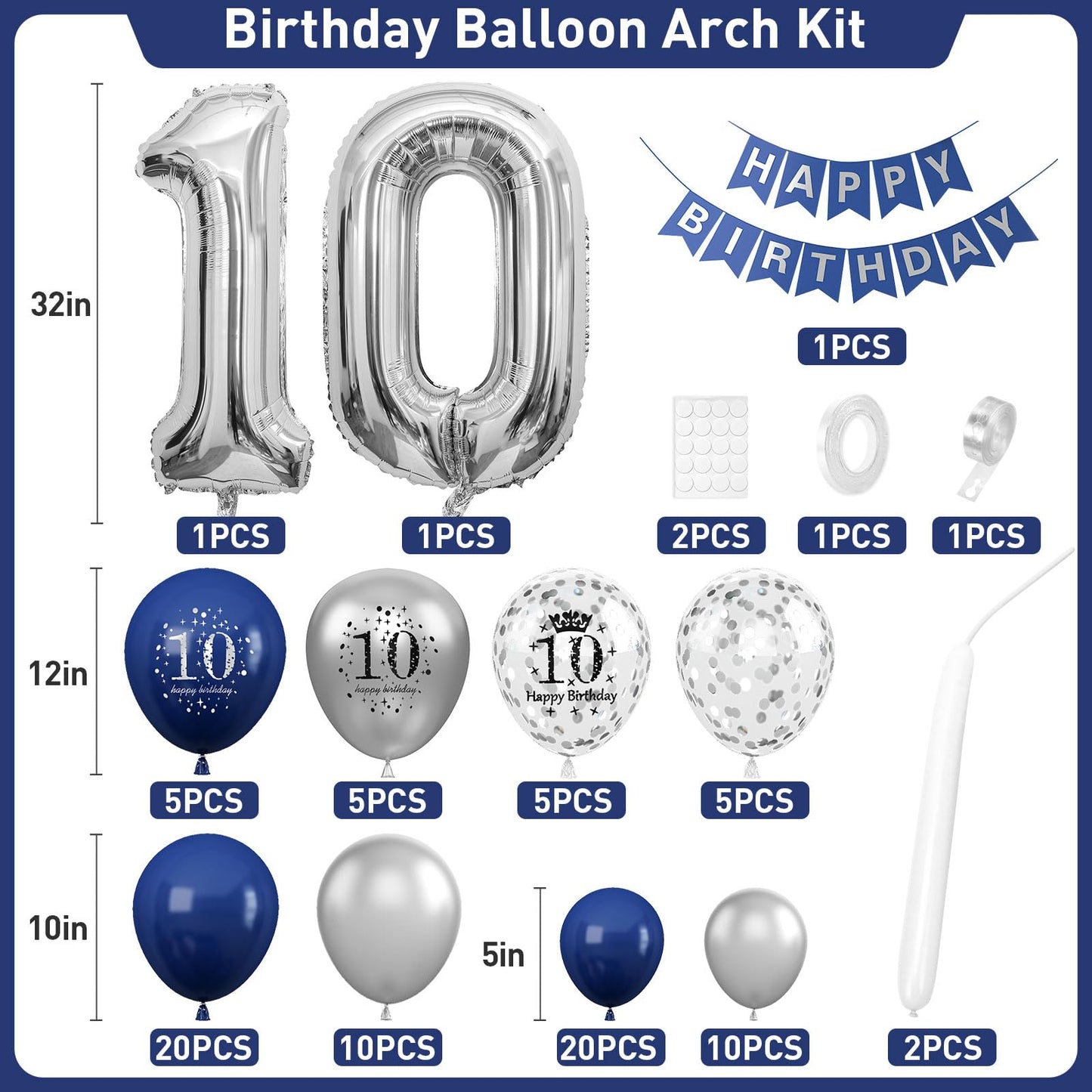 10Th Birthday Decorations Navy Blue Silver,10Th Birthday Balloon Garland Party Decorations With Number 10 Foil Balloons,Happy Bi