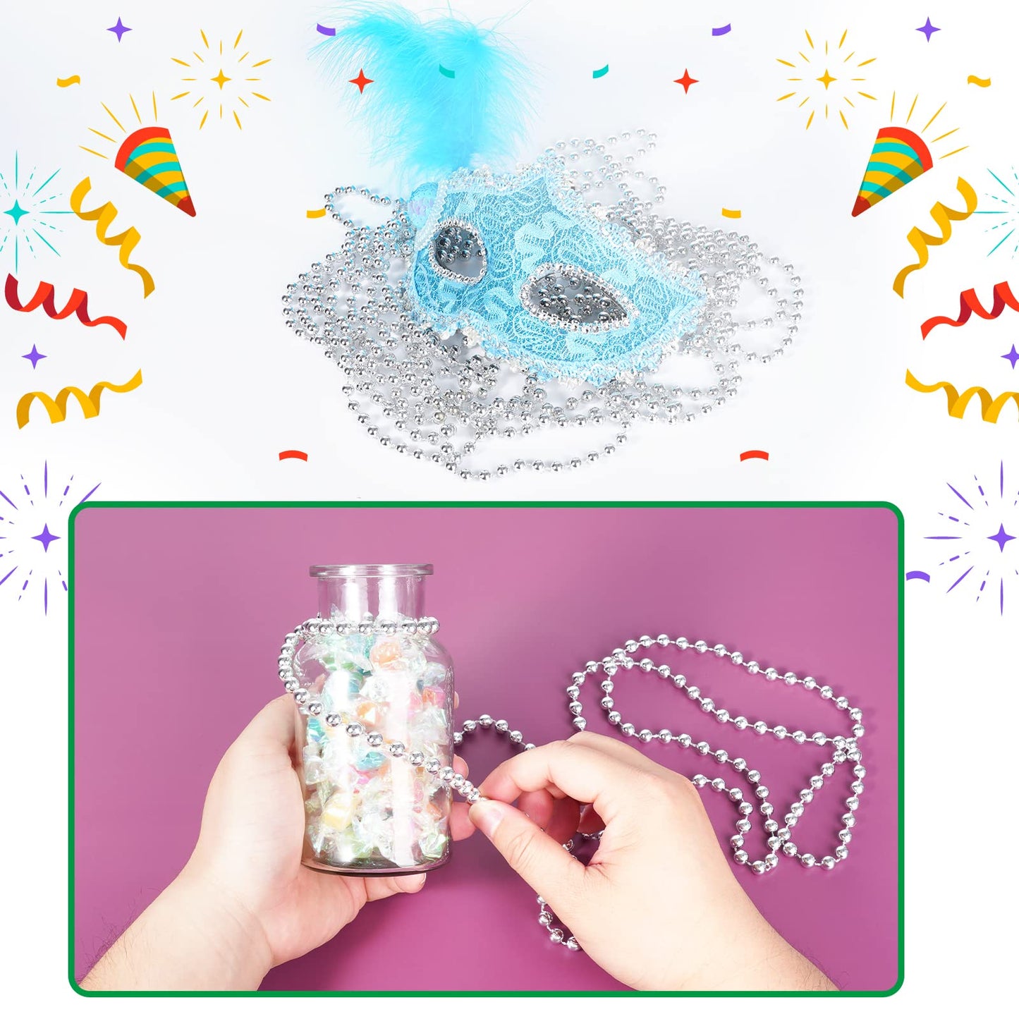 24 PCS Silver Bead Necklaces, Silver Mardi Gras Christmas Beads Necklaces, Patriotic Necklaces, 33 Inch Beaded Necklaces for Mar