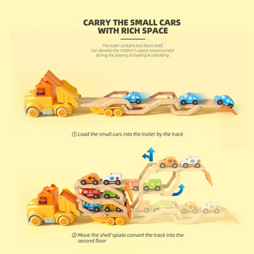 Toddler Toys For 2 3 4 5 Years Old Kids, Transport Car Carrier Truck Toy With 6 Wooden Vehicle, 30In Foldable Track Trailer With