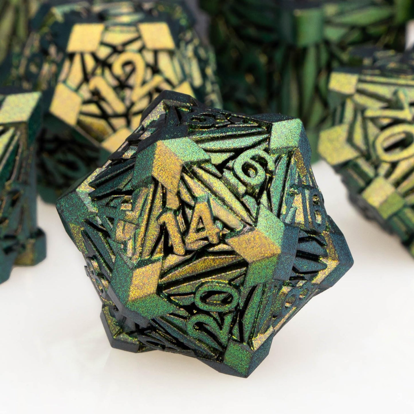 ORIFANTOU 7PCS Metal DND Dice Set Green Yellow D&D Dice with Box, Debris RPG D and D Dice Dungeons and Dragons Role Playing Game