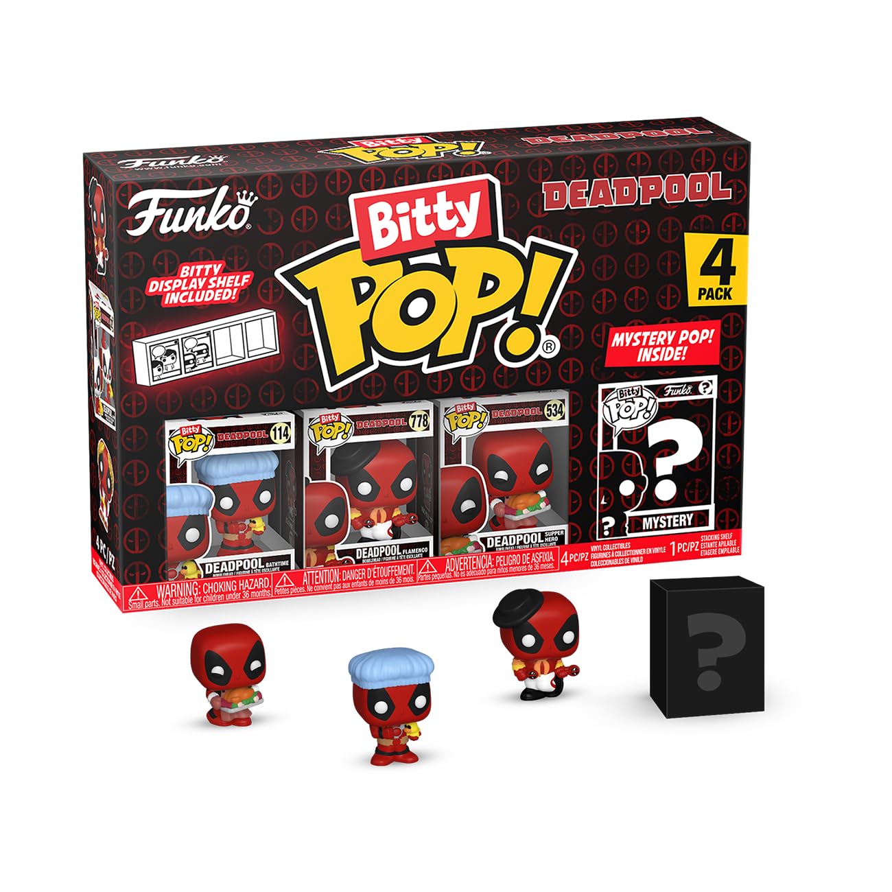 Funko Bitty Pop! Deadpool - Bathtime, 4-Pack And A Surprise Mystery Mini Figure - 0.9 Inch (2.2 Cm) Collectable - Stackable Display Shelf Included - Gift Idea - Party Bags Stocking - Cake Topper
