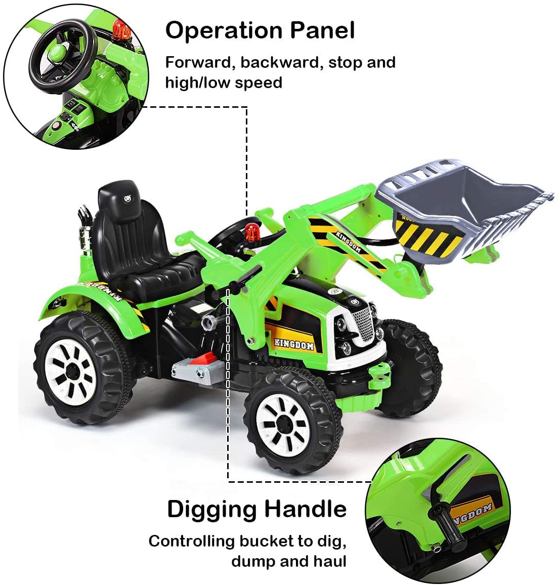 Glacer Ride On Excavator, 12V Battery Powered Digger W/ 2 Speeds, Forward & Backward, Front Loader Bucket, Horn, Safety Belt, El
