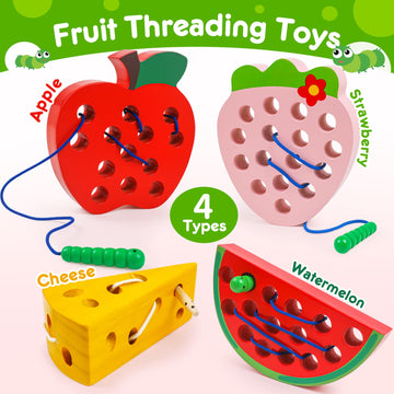 Naodongli Wooden Toys Lacing Toys For Toddlers 3-5,Plane Activities Car Travel Toys Montessori Educational Learning Threading Toys For Fine Motor Skills Birthday Easter Gift For Boys Girls(4 Pcs)