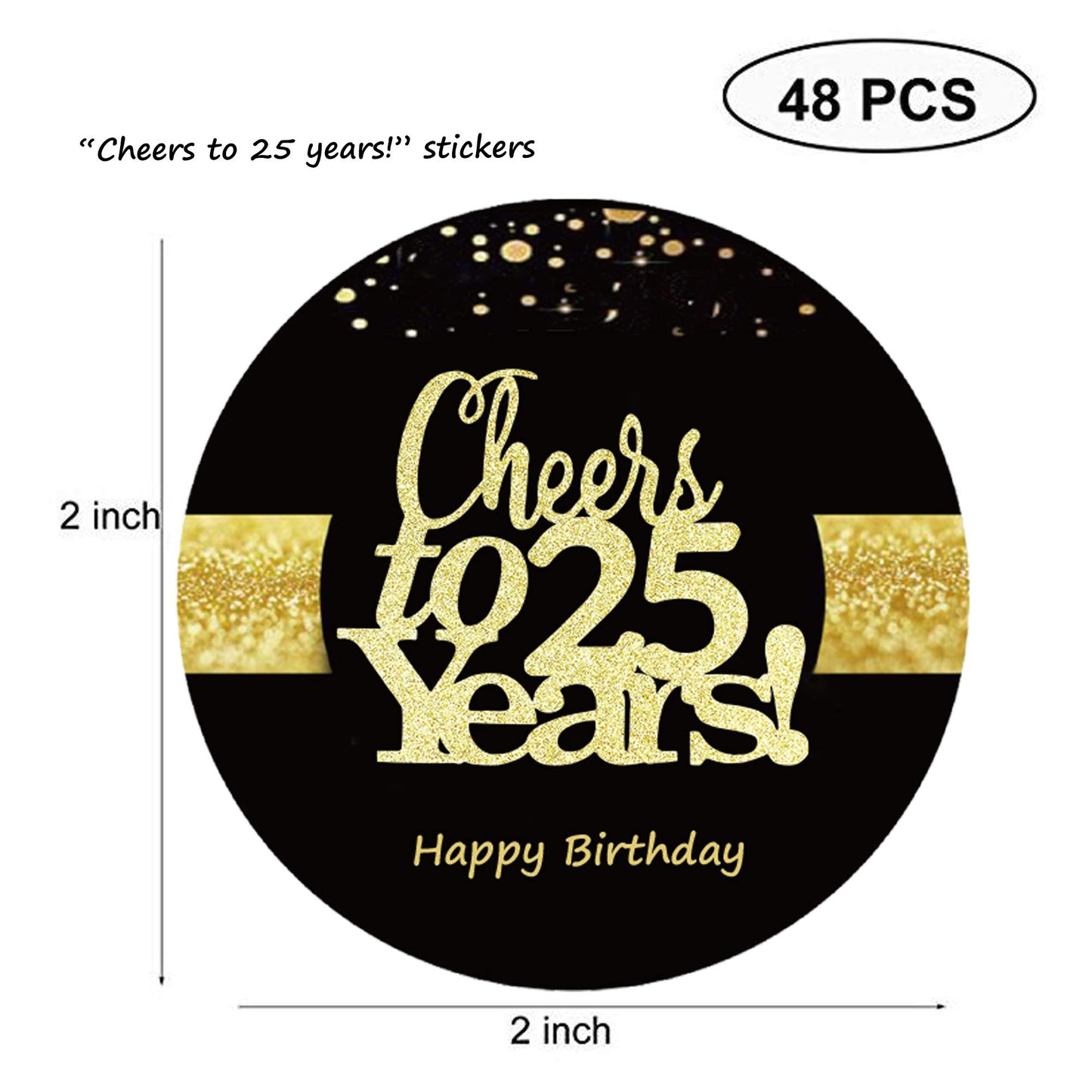 Sumerk 48 Pcs Cheers To 25 Stickers Large Bottle Stickers 25Th Birthday Stickers Card Seals 2 Inches Round Happy Birthday Party