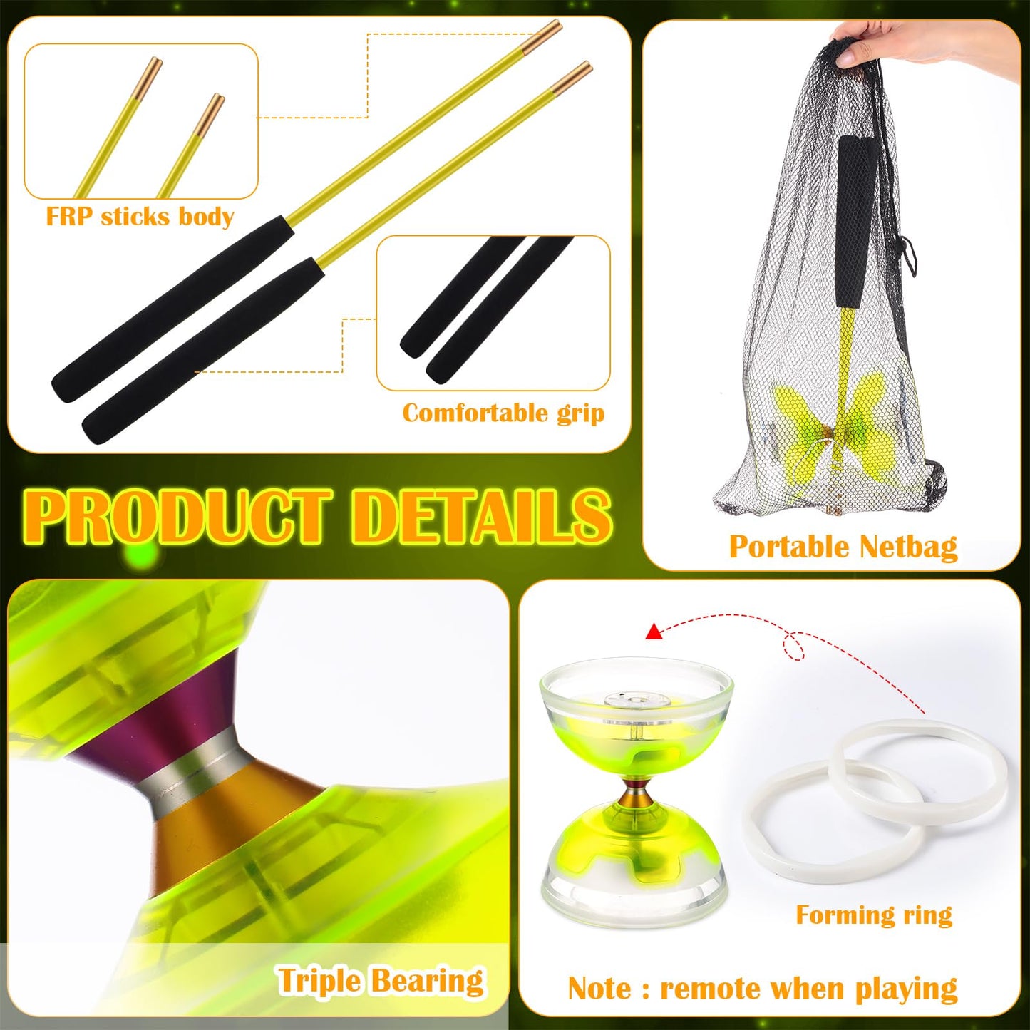 Chitidr Chinese Yoyo Diabolo Set Includes 5 Inch Colorful Led Diabolo Toy Light Up With 2 Pieces Diabolo Sticks, 1 Piece Diabolo