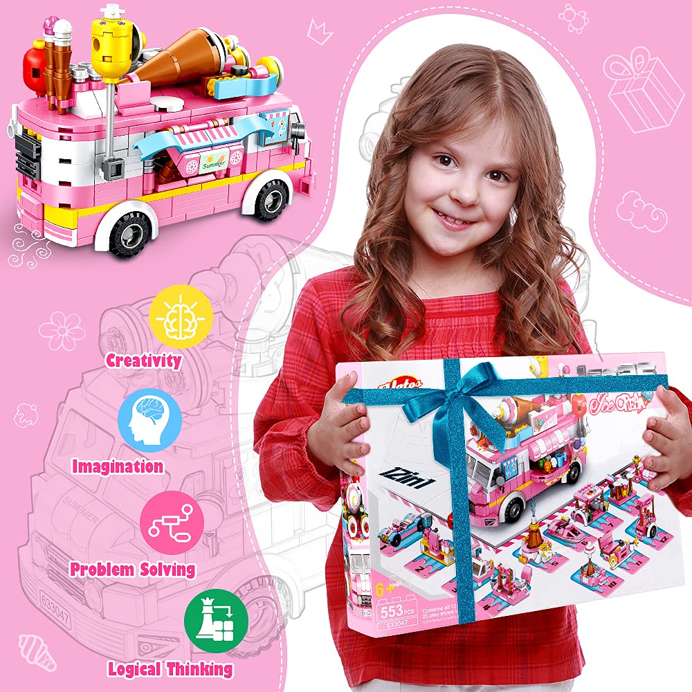 Vatos Girls Building Blocks Toys - 553 Pieces Ice Cream Truck Set Toys for Girls 25 Models Pink Building Bricks Toys STEM Toys V