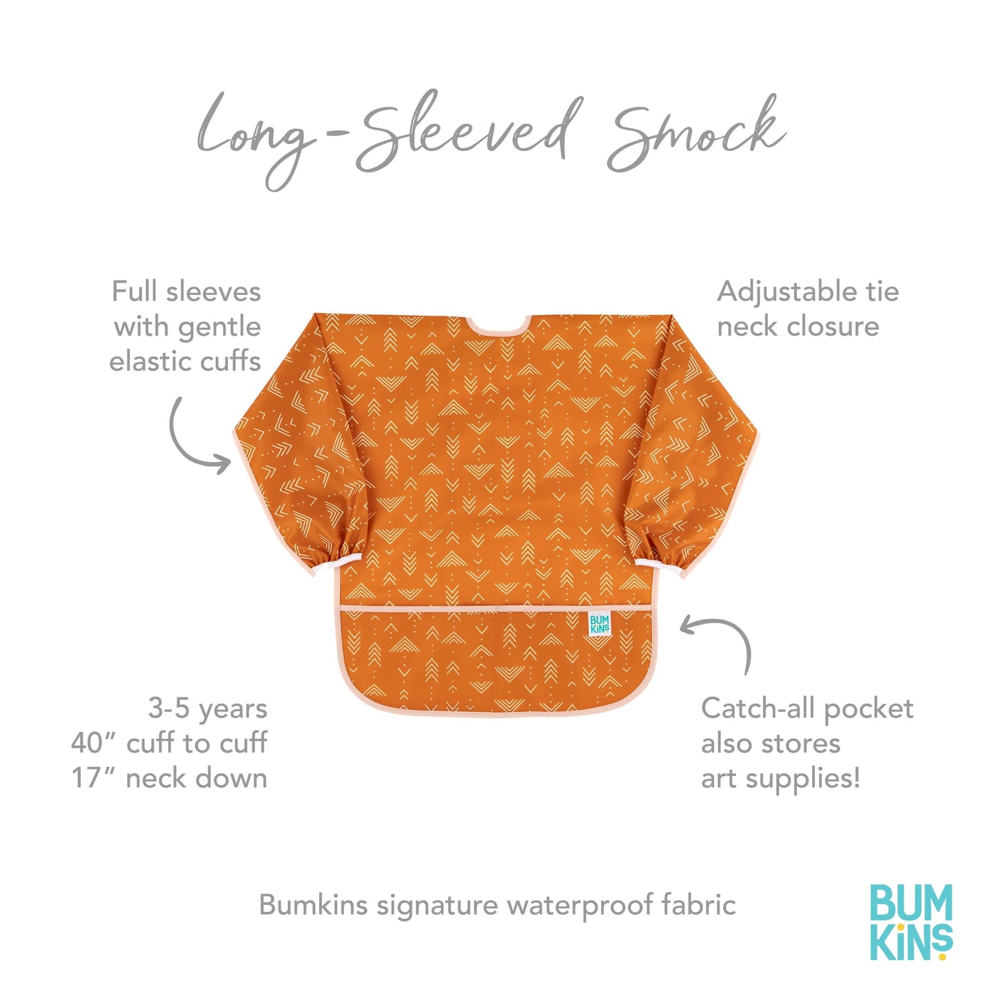 Bumkins Sleeved Smock, Toddler Reusable Waterproof Bib For Girls And Boys Ages 3-5 Years, Long Sleeve Childrens, Kids Paint Apron, Arts, Crafts And Play With Pocket, Soft Fabric, Boho Orange