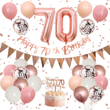 70Th Birthday Decorations Retro Pink Rose Gold,70Th Birthday Balloons,Happy 70Th Birthday Banner With Cake Toppers Rose Gold Num