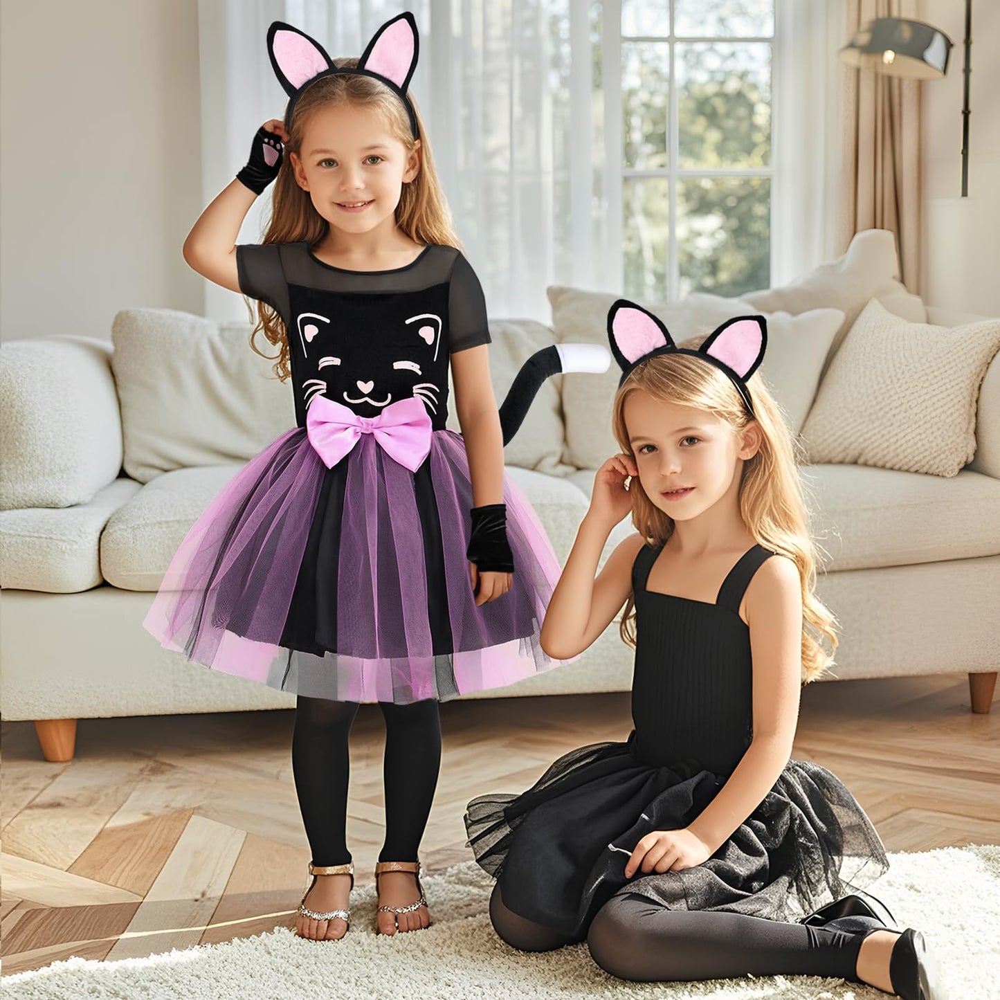 SVMK Girls Cat Costume Kids Toddler Kitty Dress Costumes Accessories Cat Ears Headband Gloves Tail Halloween Dress Up Cosplay (1