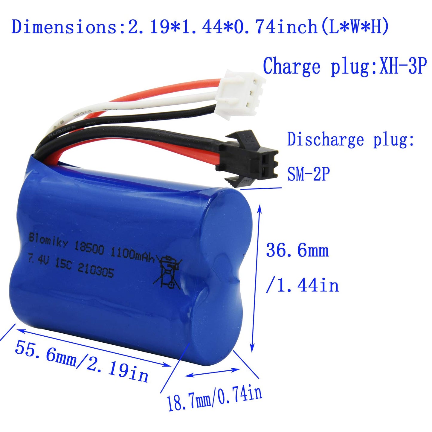 Blomiky 2 Pack 7.4V 1100mAh 8.51Wh Li-ion Rechargeable Battery with SM-2P Plug and 2 Charger Cable fit for H101 H103 RC Boat RC