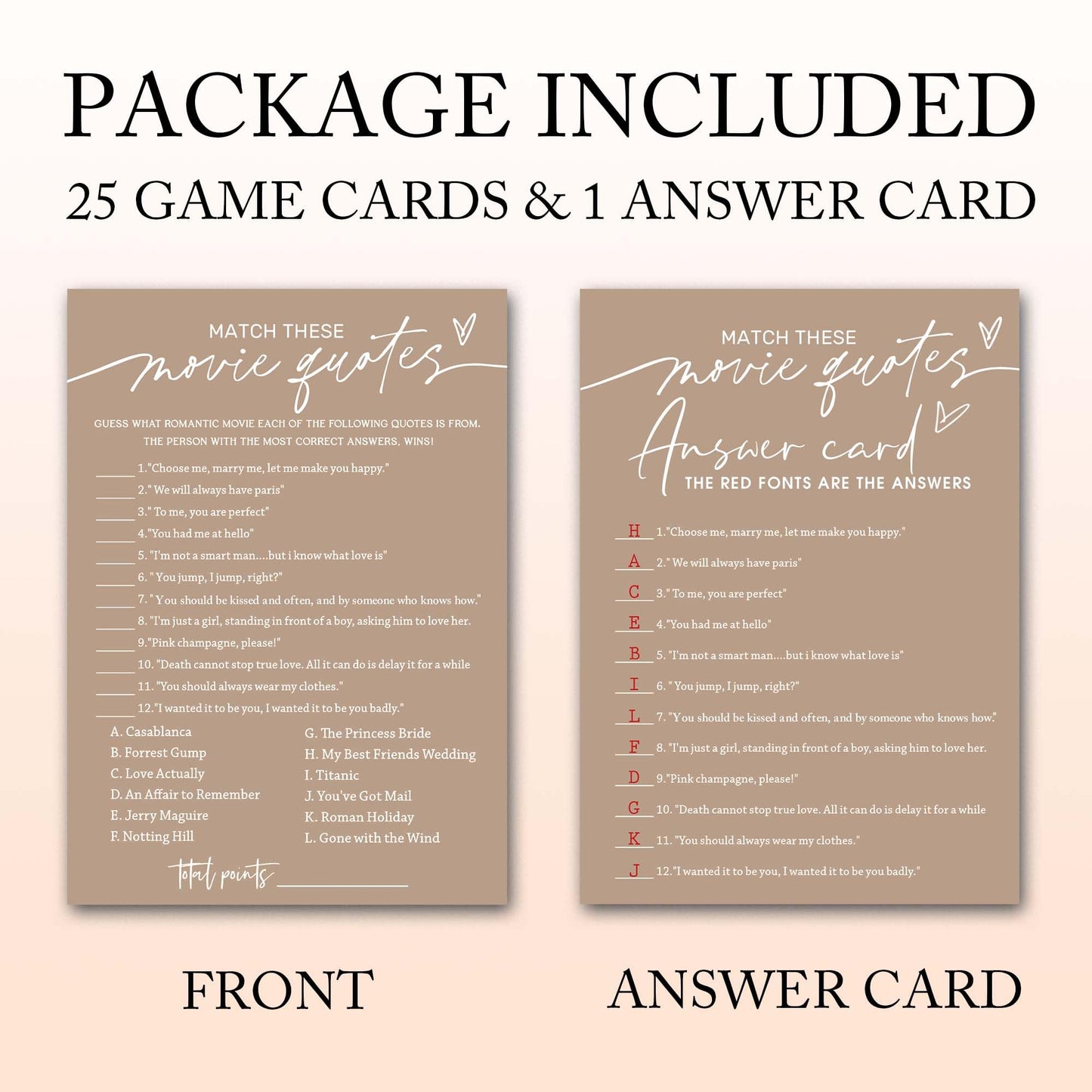 Bridal Shower Games Cards, Match These Movie Quotes, 25 Game Cards With 1 Answer Card, Engagement Party Wedding Games For Guests