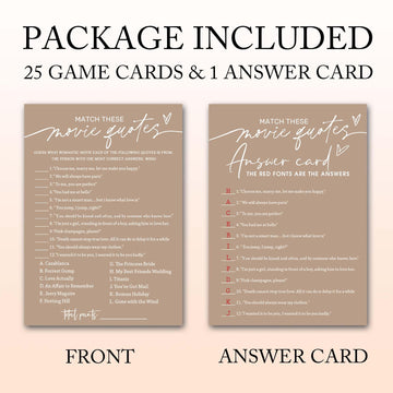 Bridal Shower Games Cards, Match These Movie Quotes, 25 Game Cards With 1 Answer Card, Engagement Party Wedding Games For Guests