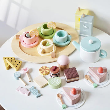 Smartwo Wooden Tea Party Set for Little Girls, 30 PCS Wooden Tea Set for Toddlers 3-5, Pretend Play Kids Wood Tea Set Toy, Play 
