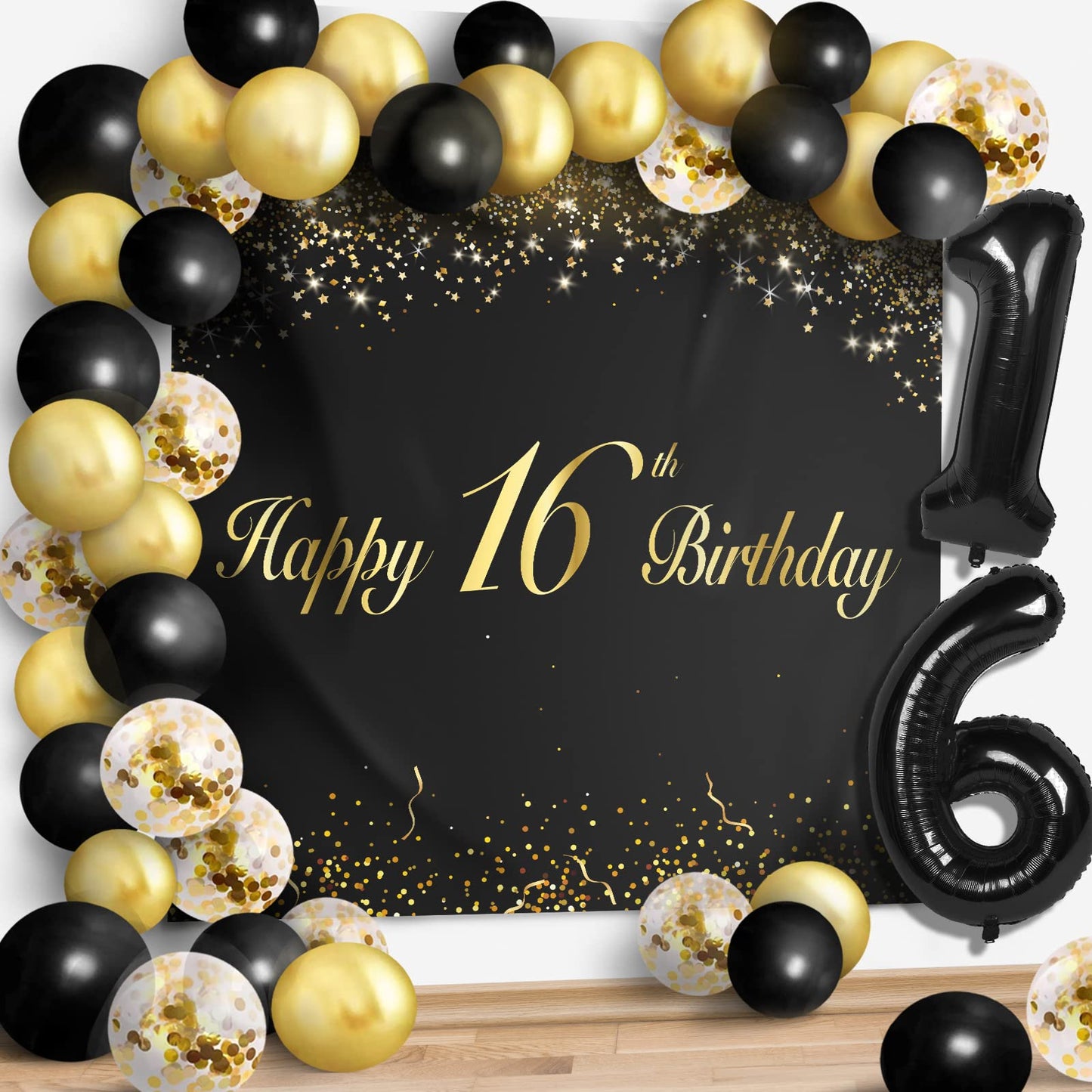 Happy 16Th Birthday Balloons Black Set Decor - Cheers To 16 Years Old Party Theme Garland Banner Backdrop Decorations For Boy An