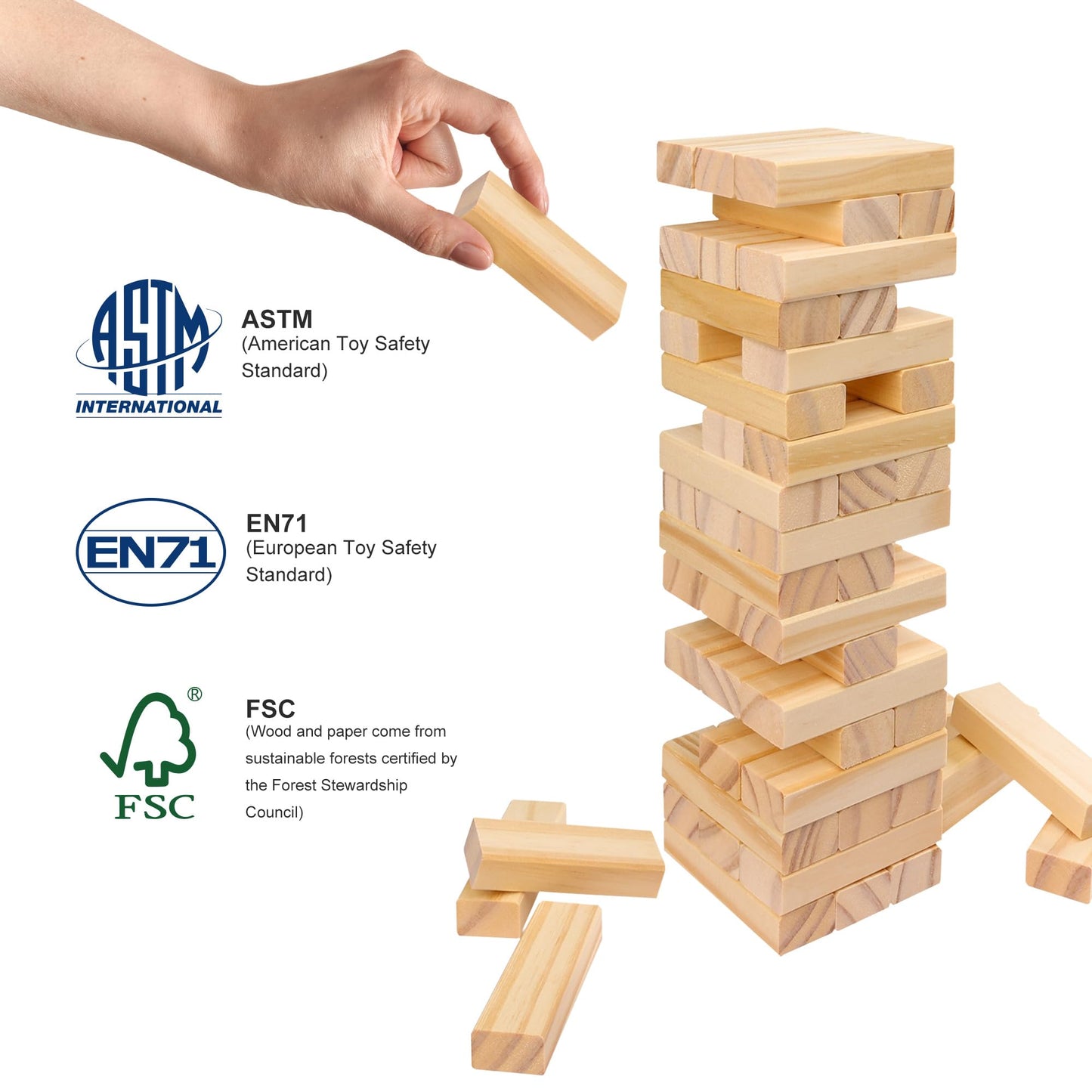 Offelec Wooden Blocks Stacking Tumbling Tower Game For Kids Adults Family 54 Pcs Classic Block Stacking Board Games For Indoor O