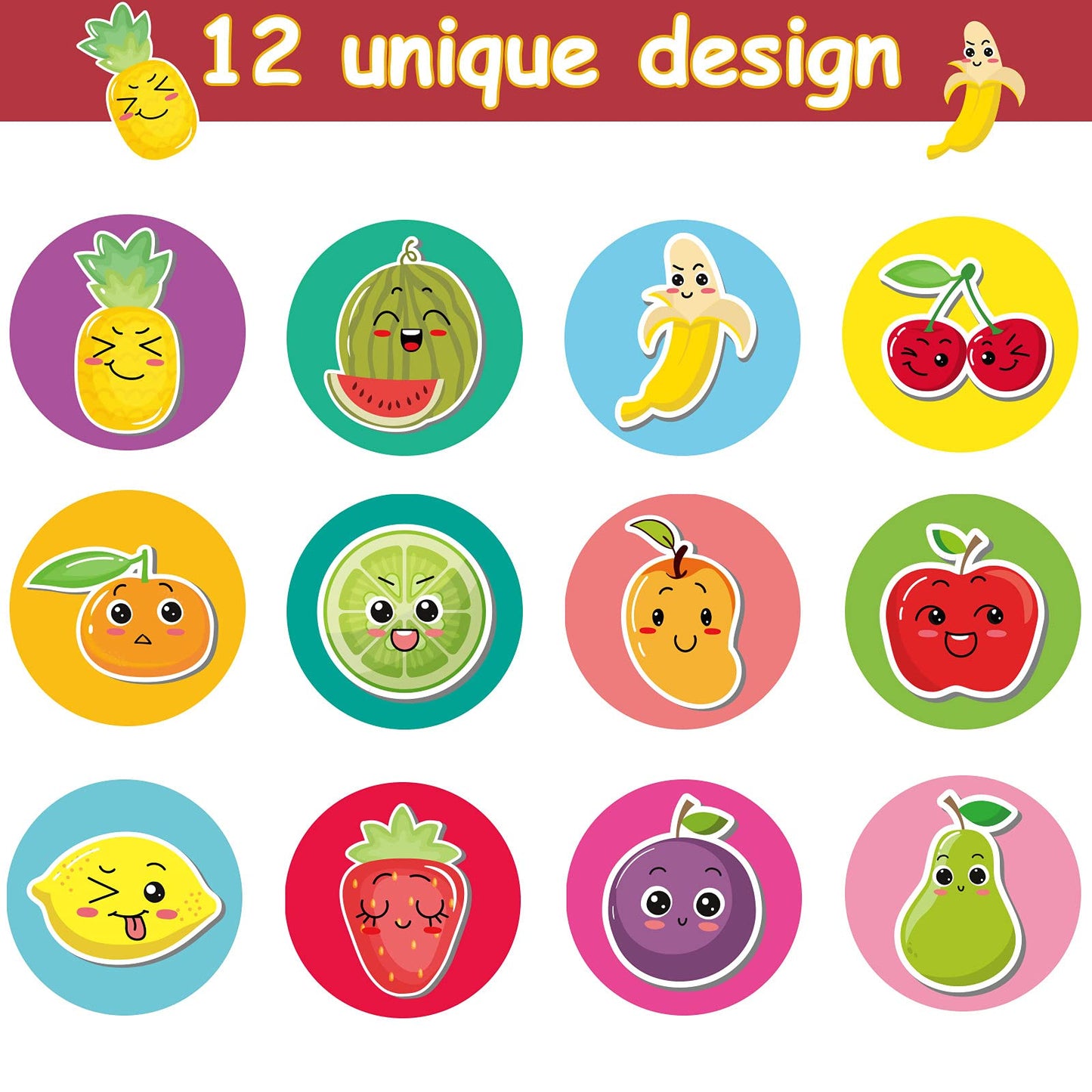 500 Pcs Fruit Roll Stickers, Happy Fruit Stickers, Colorful Fruit Smile Face Stickers Lovely Apple Orange Banana Pear Grapes Sti