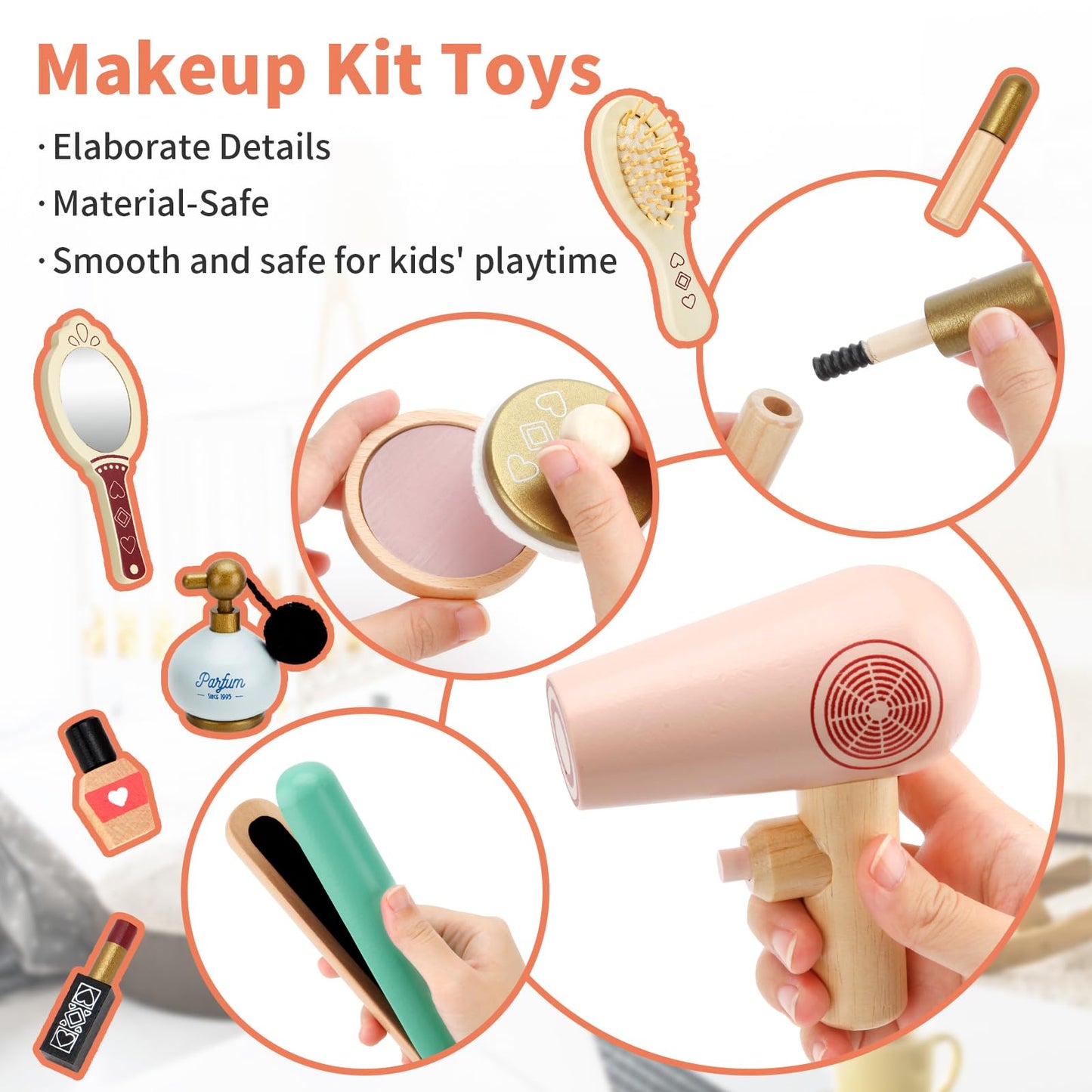 HEELWIRE Wooden Makeup Toy Set for Kids, Girls Imaginative Pretend Beauty Makeup Set Toys, Great Toys for Girls Ages 3+.