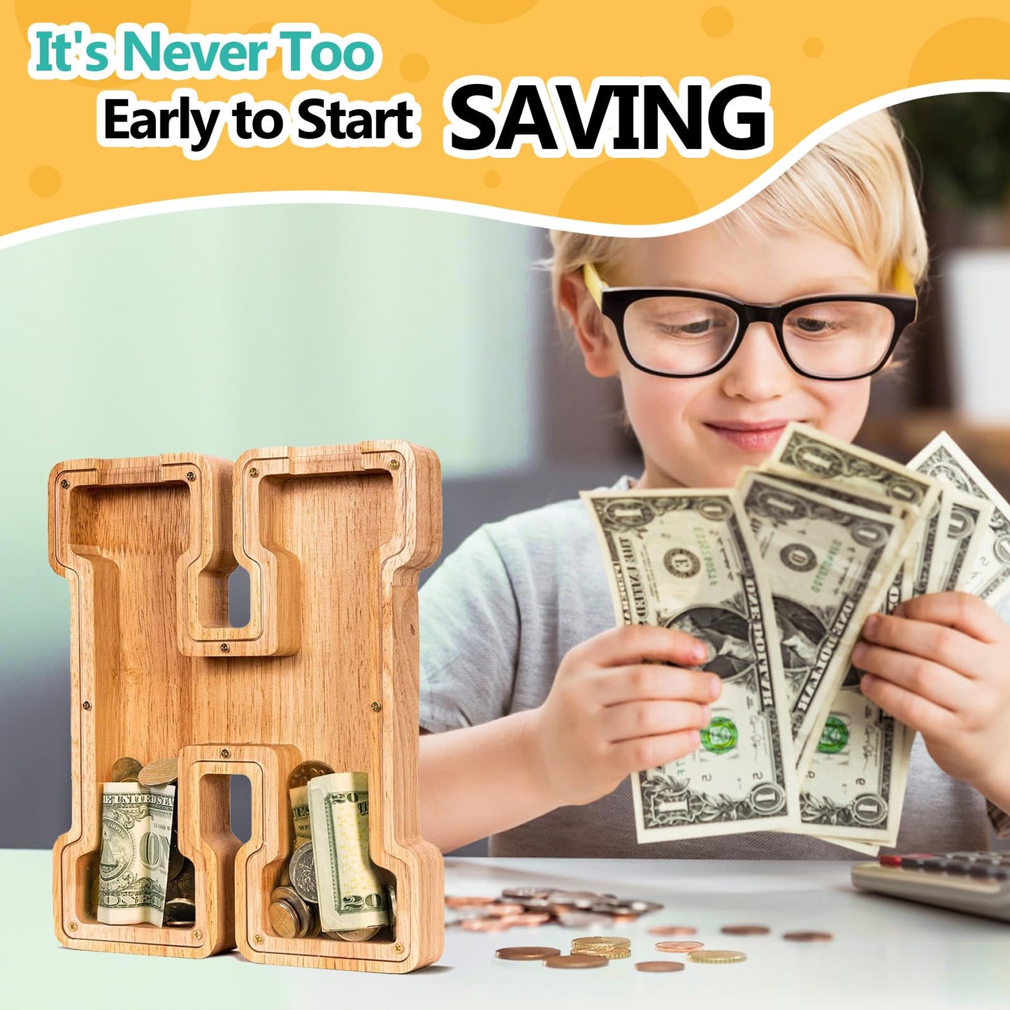 SummiDate Wooden Letter Piggy Bank| Piggy Bank for Boys Girls Toddler| Alphabet H Money Bank| Coin Bank Birthday Gift for Kids|Birthday Gift for Kids (H)